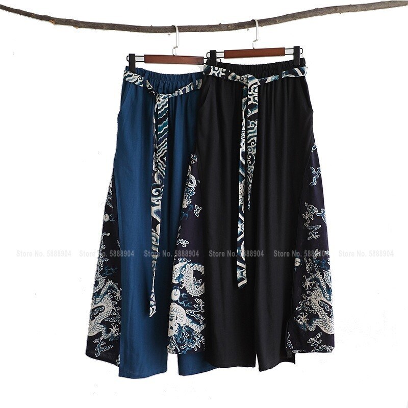 Uomini retrò del Drago di Stampa Giapponese Harajuku pantaloni Larghi del Piedino Pantaloni di Stile Cinese di Kung Fu Tai Chi Gonne E Pantaloni Spiaggia del Cotone casuale Allentato pantaloni
