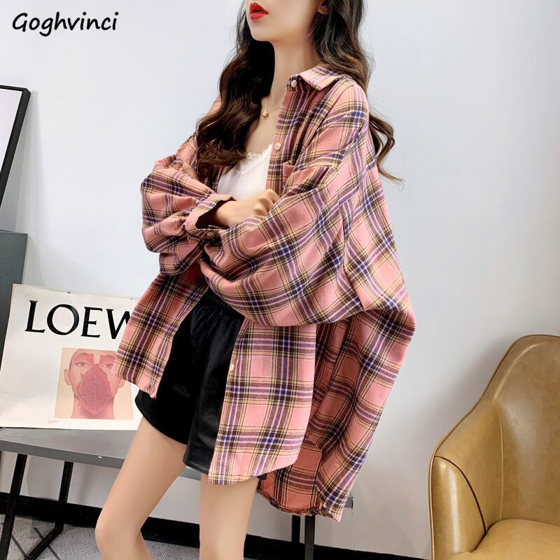 Shirts Women Solid Plaid Chic Outwear Loose Popular Chic Womens Korean Style Sweet All-match Young