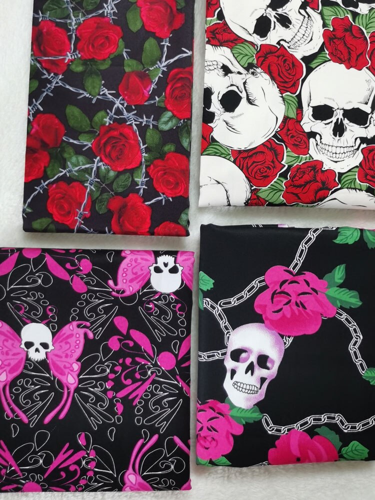 Vlinder Schedel Rose Roze Bloem Katoenen Stof Satijn Donker Ketting Patchwork Print Quilten Naaien Materiaal Textiel Tissue