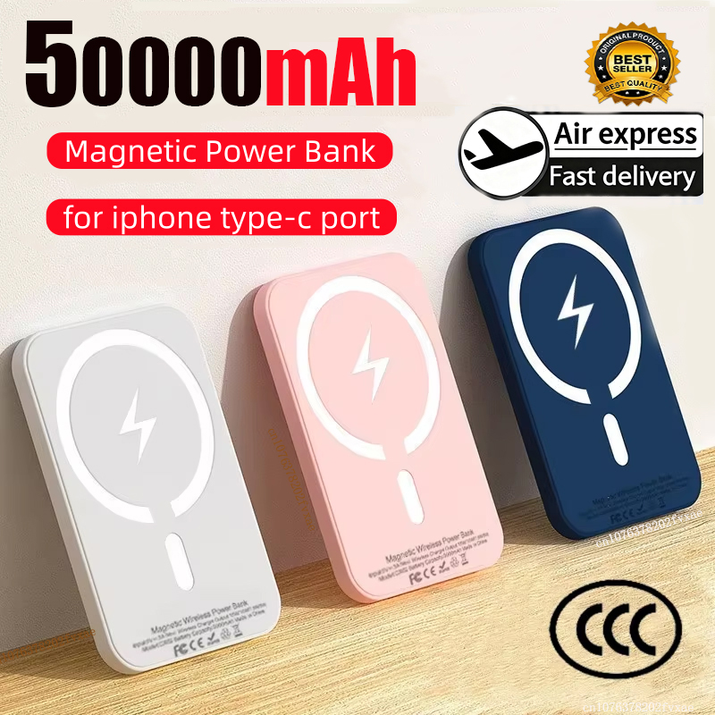 50000 mah draadloze magnetische powerbank oplader, snellader, draagbare oplader, externe reservebatterij voor apple iphone android