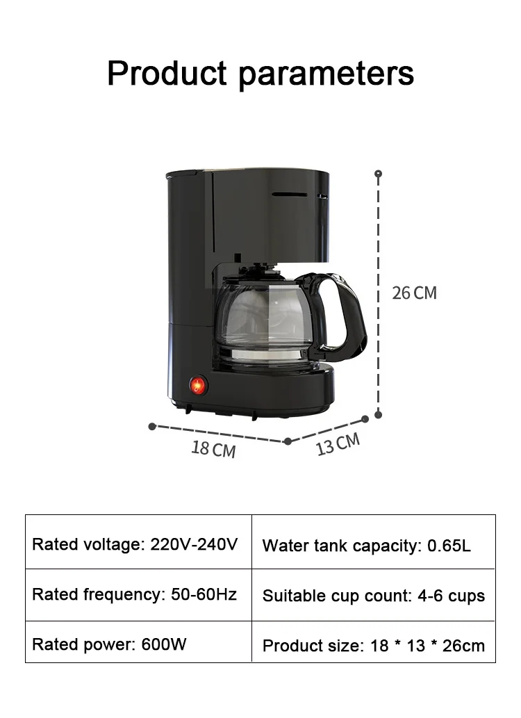 Cafetera de goteo eléctrica de 110V, tetera de elaboración semiautomática para el hogar de 650ml, cafetera americana, cafetera Espresso de 220V