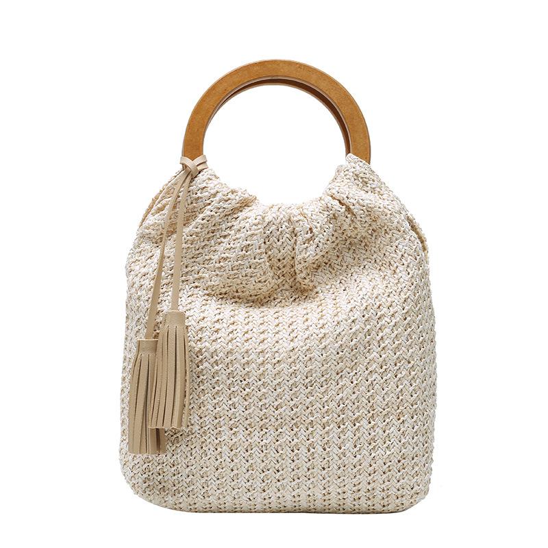 #39 dameshandtas zomer stro strandtas bohemian dames netvak holle ronde handgreep tote met hout: Beige