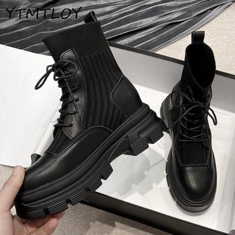 Autumn Winter Women Shoes British Style Handsome Wild Black Pu Basic Lace-up Round Toe Boots Cross-tied