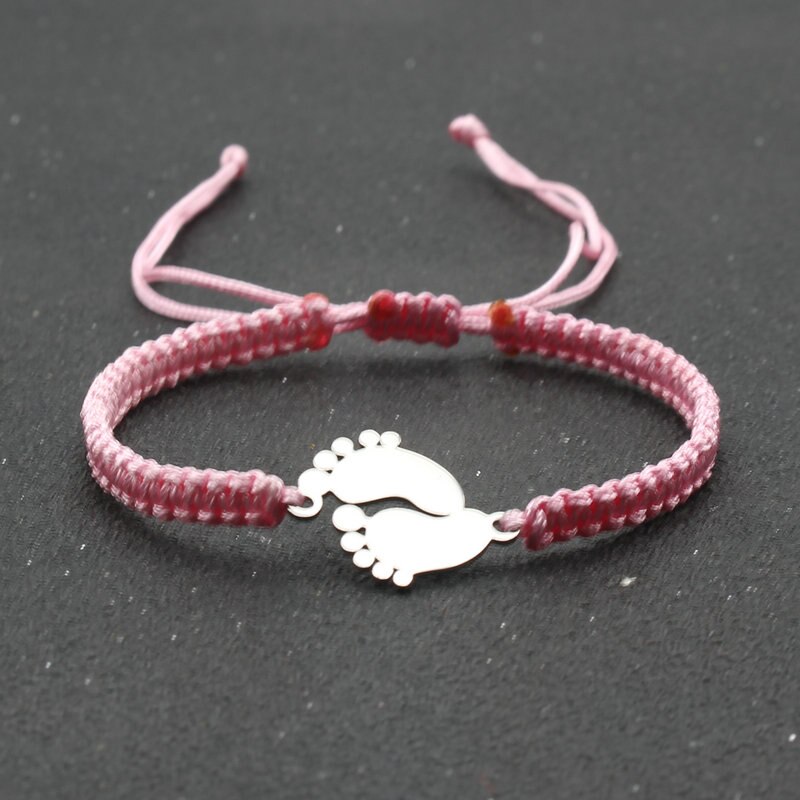 Bransoletka amulet ze stali nierdzewnej para urocza mała stopa szczęście czerwona nić plecione bransoletki i Bangles dla kobiet mężczyzn biżuteria mankiet: Pink