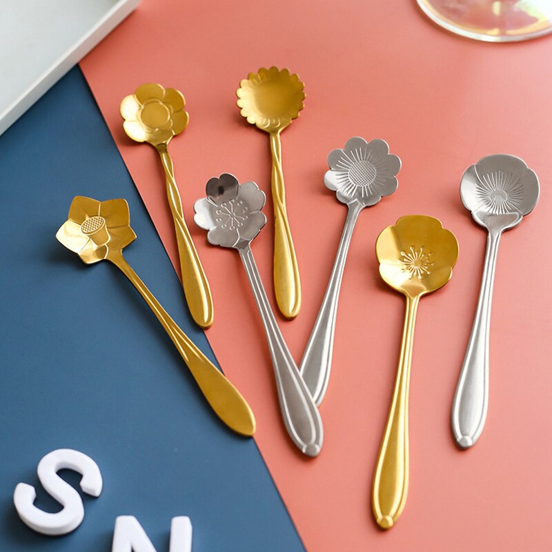 Cuillère à glace en forme de fleur de cerisier, petite poignée, créative et pratique, en acier inoxydable, en titane