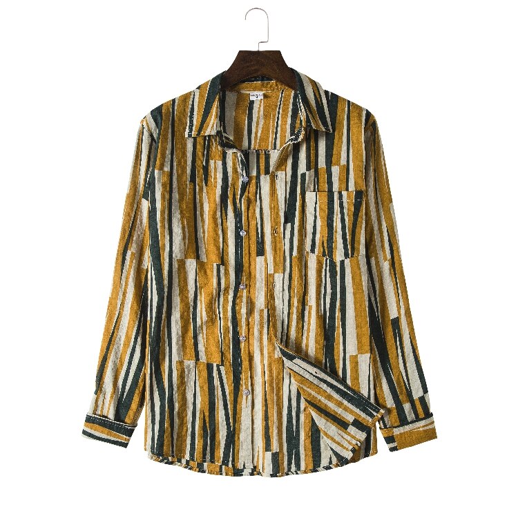 Långärmade linneskjortor herr märke grå skjorta herr vår lin randig skjorta man casual camisa overhemd: Orange / M