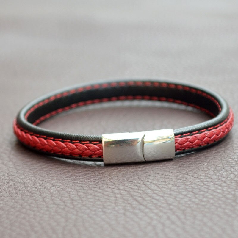 handgefertigt Geflochtene Schmuck Geometrische Kontrast Farbe Paar Leder Edelstahl Magnet Verschluss Armbinde