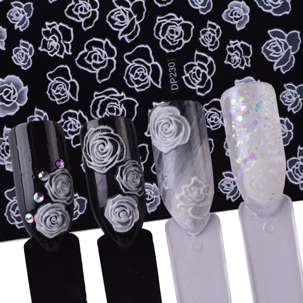 2 Vellen/Sets 3D Rose Gesneden Nail Sticker Witte Bloesem Bloem Patroon Vrouwen Nail Art Decoraties Diy Beauty Decals CHDP228/230