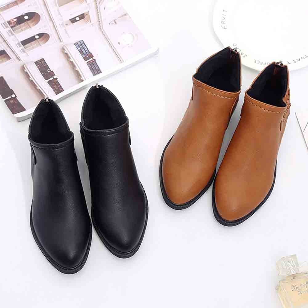 Bottes en cuir PU pour femmes, chaussures quotidiennes à talon carré, fermeture éclair, respirantes, confortables, à bout pointu, rétro, automne