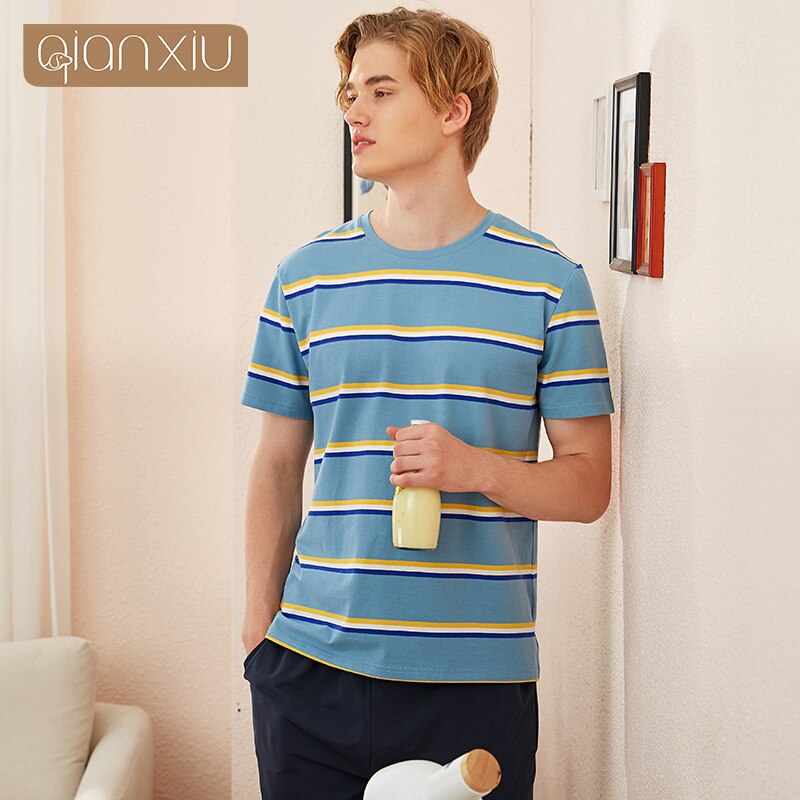 Men's knitted cotton short-sleeved pajamas QIAN XIU summer home leisure suit home wear pajamas 230