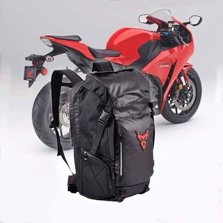 Bolsa trasera para motocicleta, mochila multifuncional duradera para asiento trasero de motocicleta, de alta capacidad, nueva: Red Logo