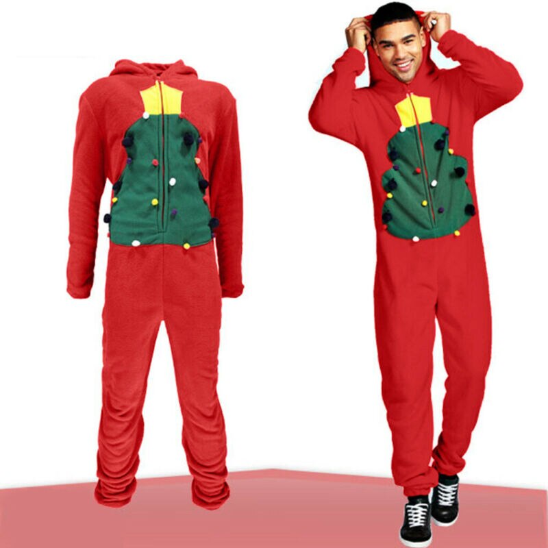 unisexe adulte rouge en peluche fermeture éclair manches longues vêtements de noël père noël à capuche combinaison Pyjamas deux Styles M-3XL