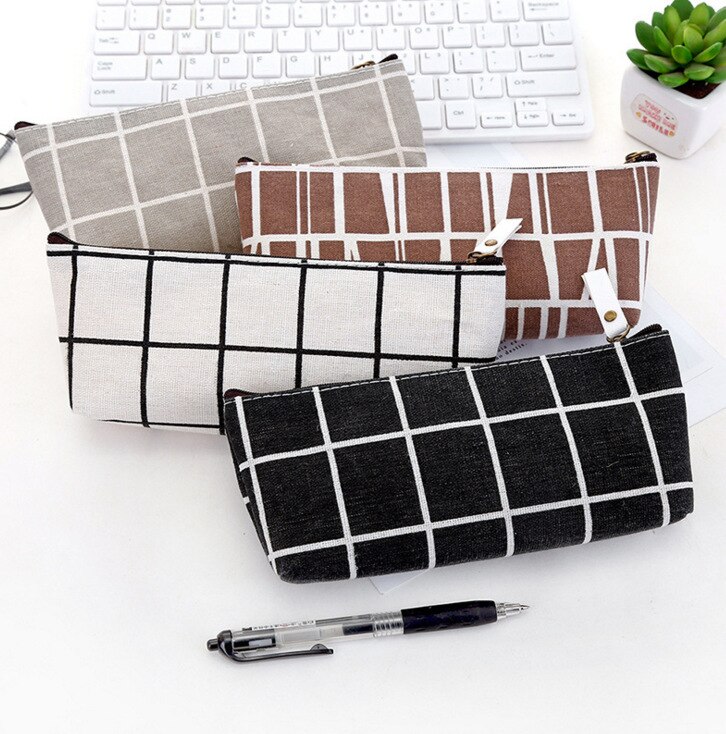 Zipper Pencil Case Bags School Striped Grid Solid Color Pencil Bag Pouch Office Kids Supplies Primary Students Birthday