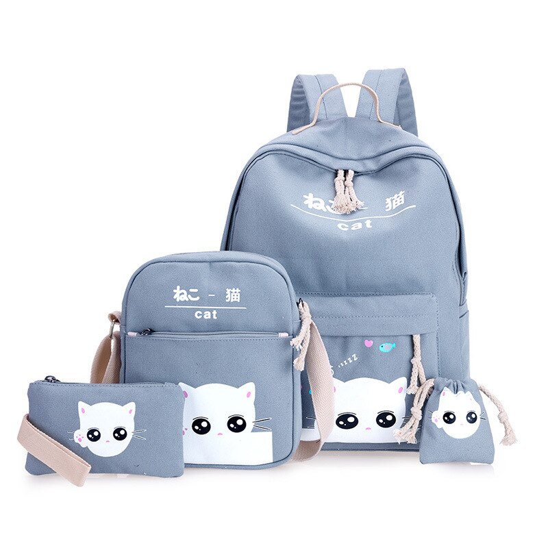 4 ensembles/pcs sac à dos scolaire mignon chats cartable sacs d'école pour filles sac à dos orthopédique enfant sac d'école pour filles sac à dos Mochila: gray