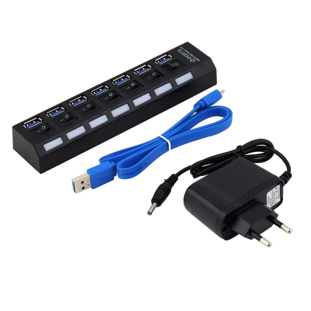 7 Port USB Hub 3.0 High Speed 4 USB 3.0 Hub with EU/US Power Adapter Multi USB Splitter On/Off Switch For Tablet Laptop Computer
