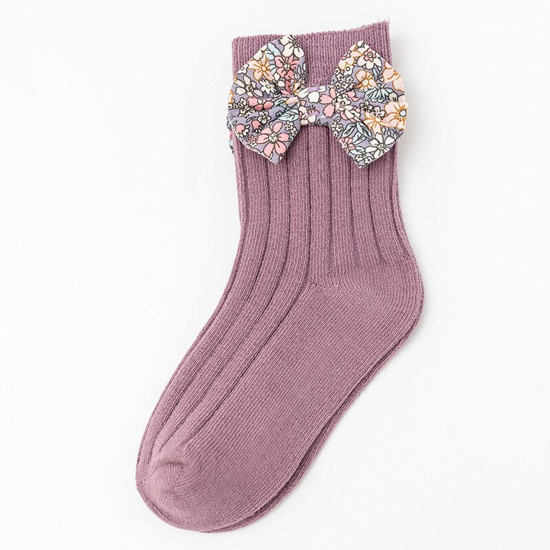 Flower Printed Kids Socks Cute Bows Spring Autumn Baby Girl Short Socks Soft Cotton Children Toddler Floor Socks: Purple