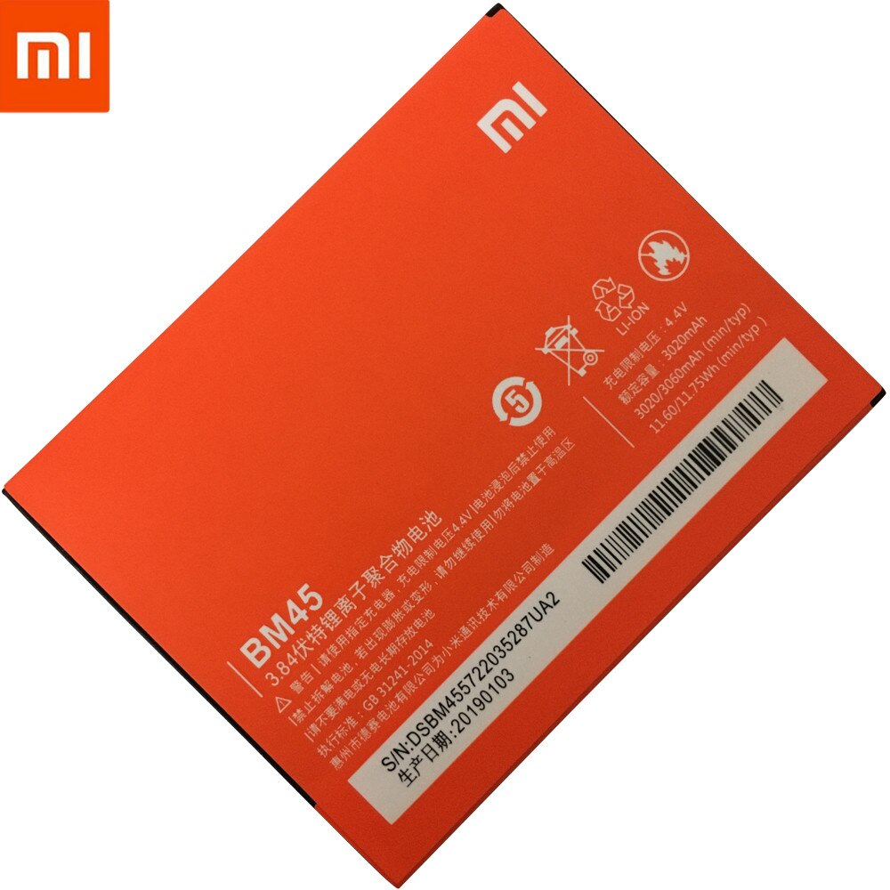 100% Originele BM45 Telefoon Batterij Voor Xiaomi RedMi Note 2 Bateria Hongmi Real 3060mAh Mobile Vervangende Batterij