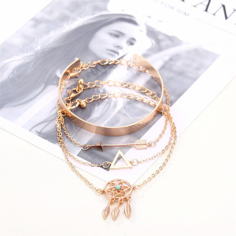 4 unids/set, triángulo flecha sueño Catcher pulsera para las mujeres de Simple abrir brazaletes de pulseras de joyería al por mayor