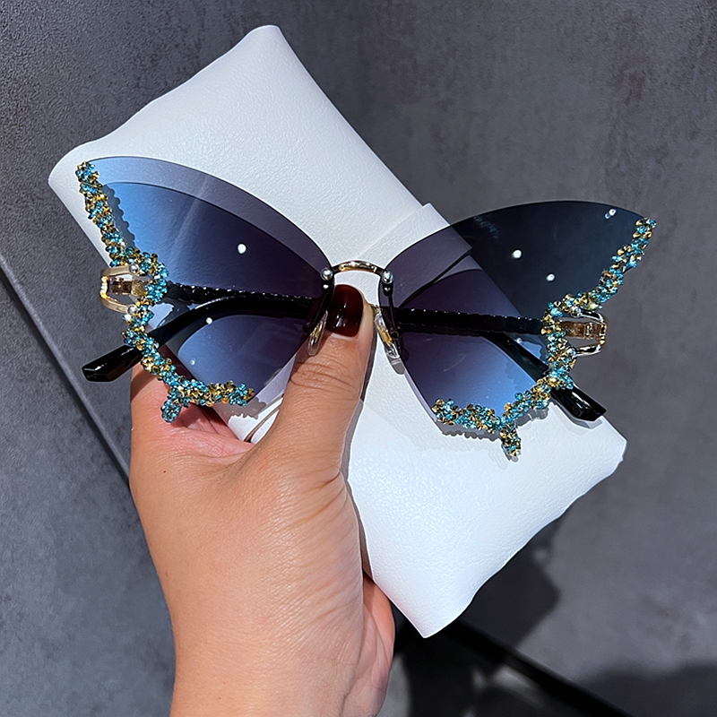 Luxus Diamant Schmetterling Sonnenbrille Frauen Y2K Jahrgang Randlose Übergroße Sonnenbrille Damen Brillen: Blau