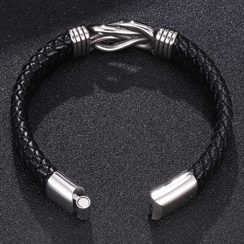 FORTAFY Leather Bracelets for Men Black Braided Bracelet Stainless Steel Clasp Wristband Male Jewelry FRPW803