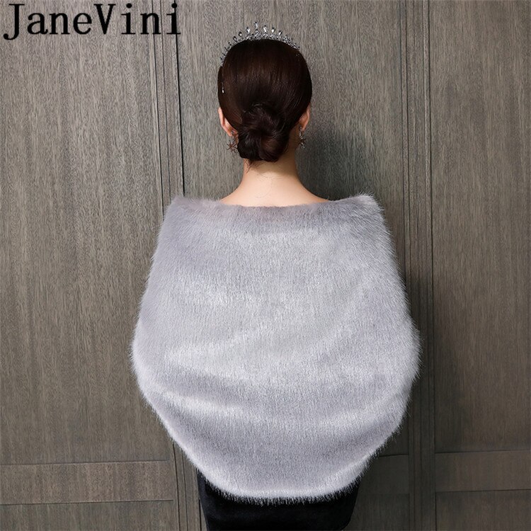 JaneVini Gray Fur Bridal Cape Women Bolero Femme Winter Wedding Dress Shrugs Shoulder Wraps Bride Faux Fur Shawls Stoles