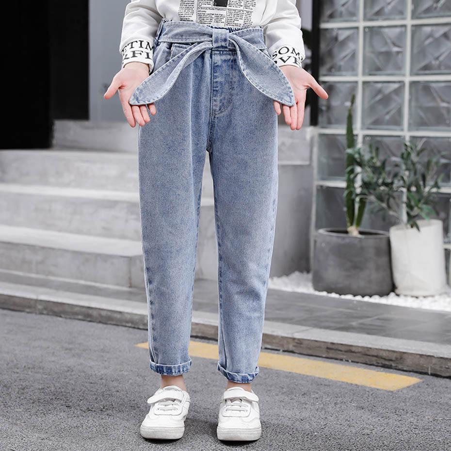 Forår børne jeans pige solide jeans til piger sløjfe piger jeans bukser efterår afslappet pigetøj 6 8 10 12 14 år