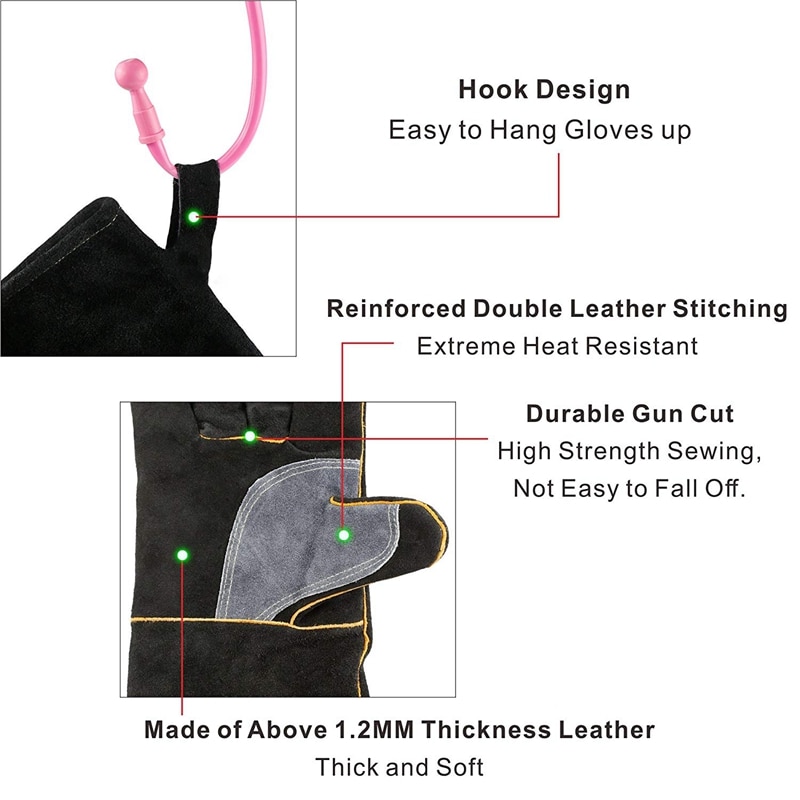 extrem Wärme & Feuer Beständig Handschuhe Leder mit Nähte, Handschuhe Perfekt für Kamin, Herde, Ofen, Grill, Schweißen, Bbq, Mig, Topf Holde