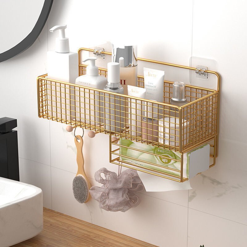 Bathroom Storage Racks Iron Metal Toilet rack washstand free punching wall hanging wall storage rack light luxury basket Gold