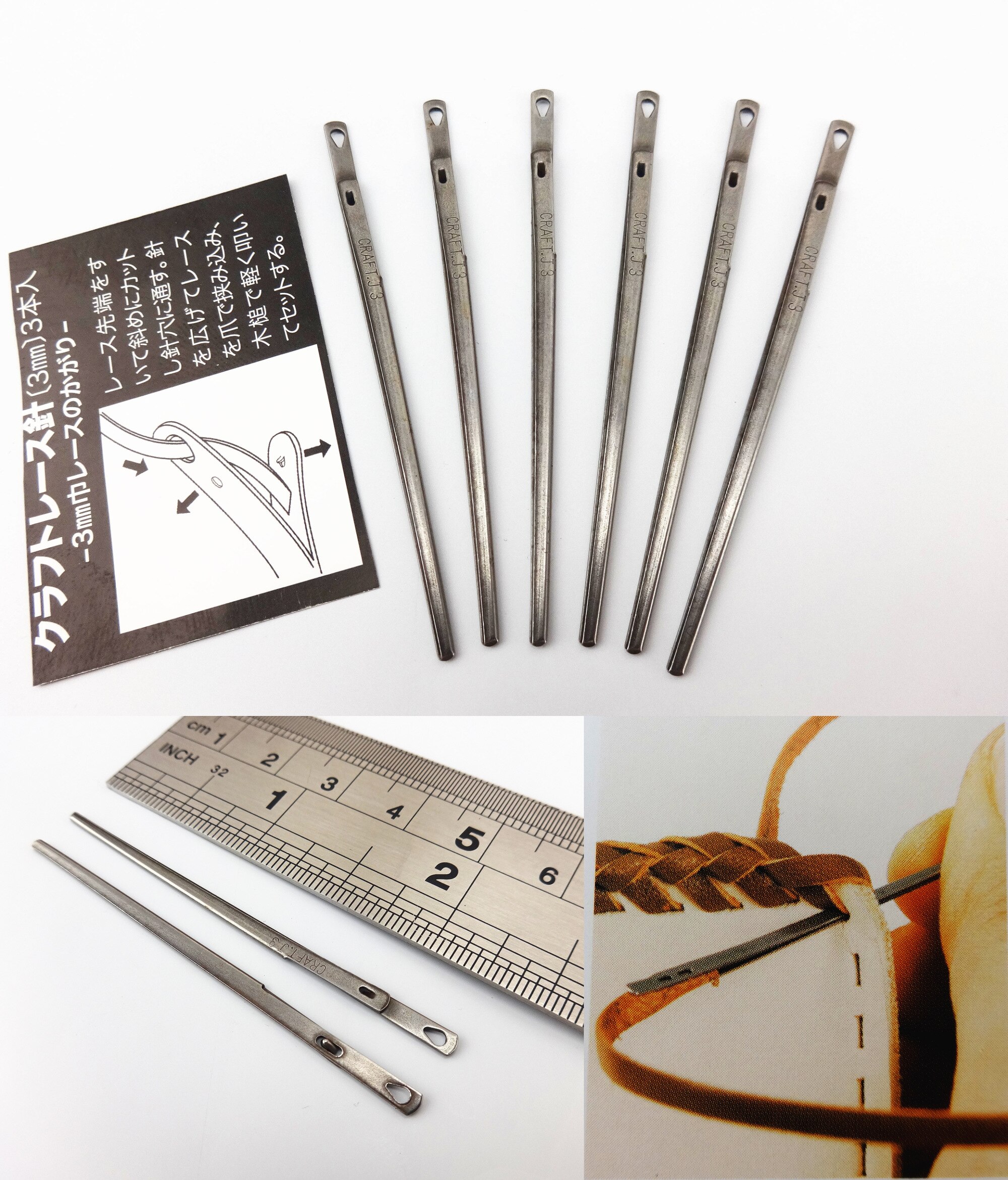 4kinds Leather Craft Sewing Stitching Flat Lace Triangular Needles Tool Set Beveler Awl Slicker Burnisher Polisher Button Stamp