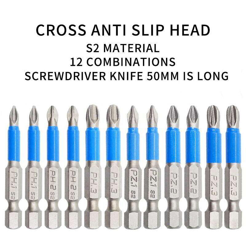 12Pcs Magnetic Screwdriver Bit Set Anti Slip Electric Power Multi-bit Tool Screwdriver Suit Alloy Steel Screwdriver Accessories: 12pcs 50mm