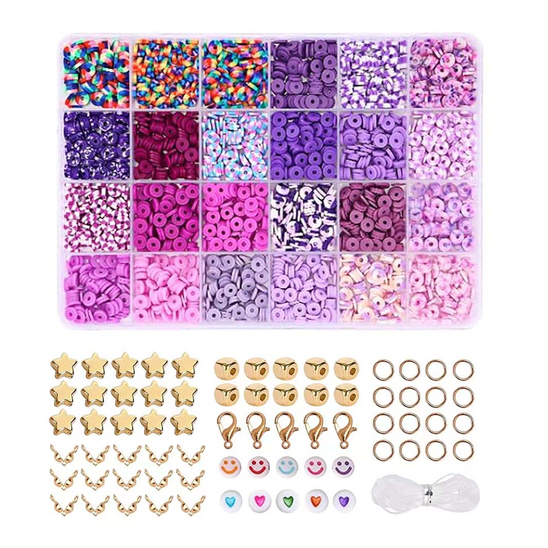 El kit para hacer pulseras de cuentas de arcilla de 2400 piezas incluye cuentas sueltas y hilo para manualidades de joyería DIY para niñas: Morado