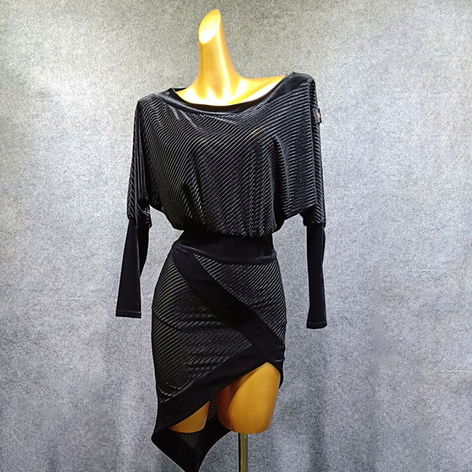 Long Sleeve V Neck Stripped Latin Dance Dress Dancing Performance Women Dress Ballroom Samba Tango W279: S