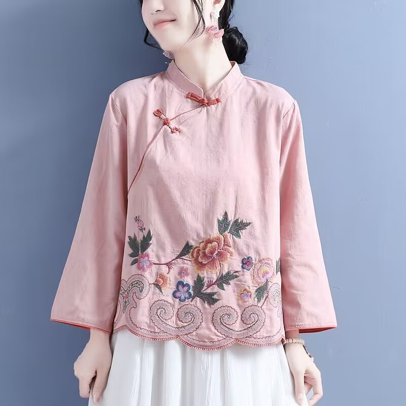 Chinesischen Stil Bestickt Baumwolle Leinen Shirts Frühling Sommer Retro Zugeknöpft Lange ärmeln Stand-up Kragen Kleidung Lose Tops: S / Black