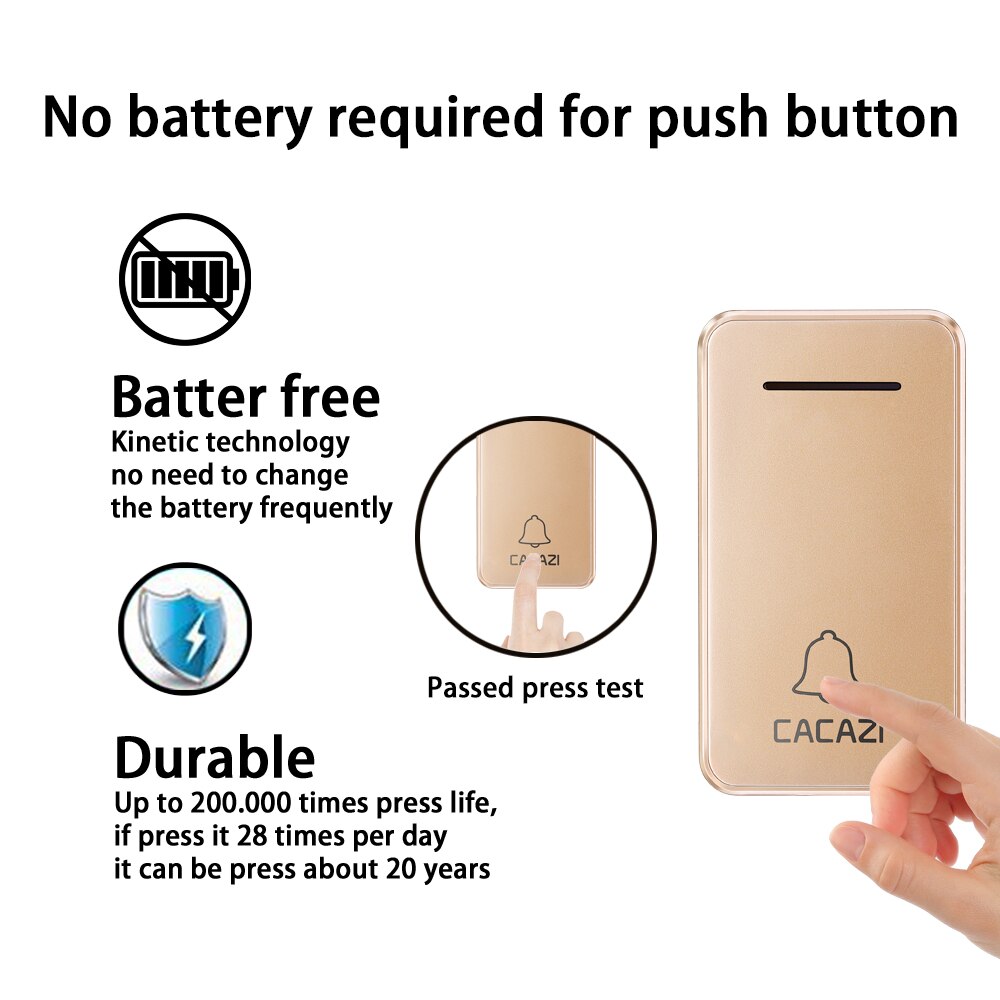 CACAZI – sonnette sans fil auto-alimentée, carillon, prise US/EU, 1/2 boutons, 1/2 récepteurs, sans batterie