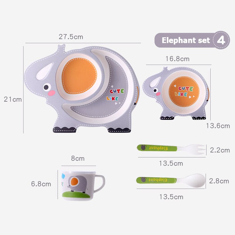 Bambus fiber bordservice til børn tegneserie madretter skål drikkekop med ske gaffel service baby 5 stk/parti: Elefant