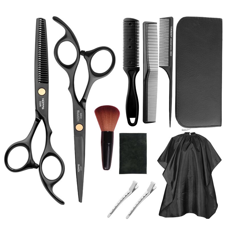 10 pcs hair cutting shears scissors set barber accessories barber tools salon equipment kappersschaar thinning accesorios cut: Black 10 pieces