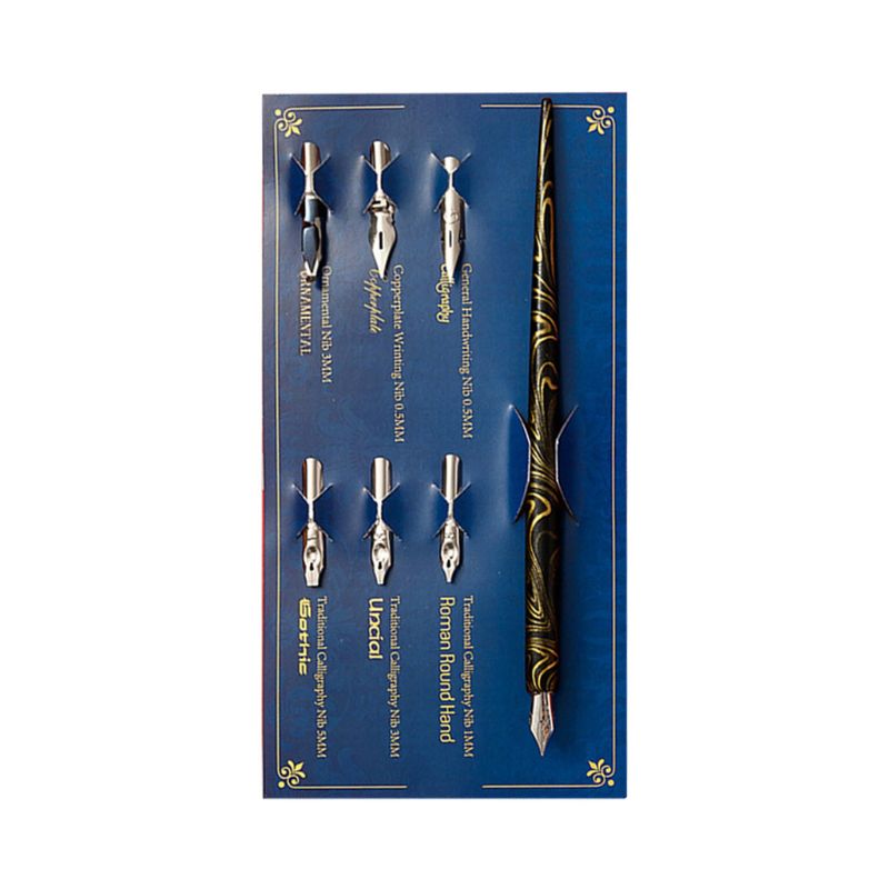 1 set marmeren houten manga kalligrafie kroontjespenhouder met 6 pennenpunten voor het schrijven van letters: Zwart