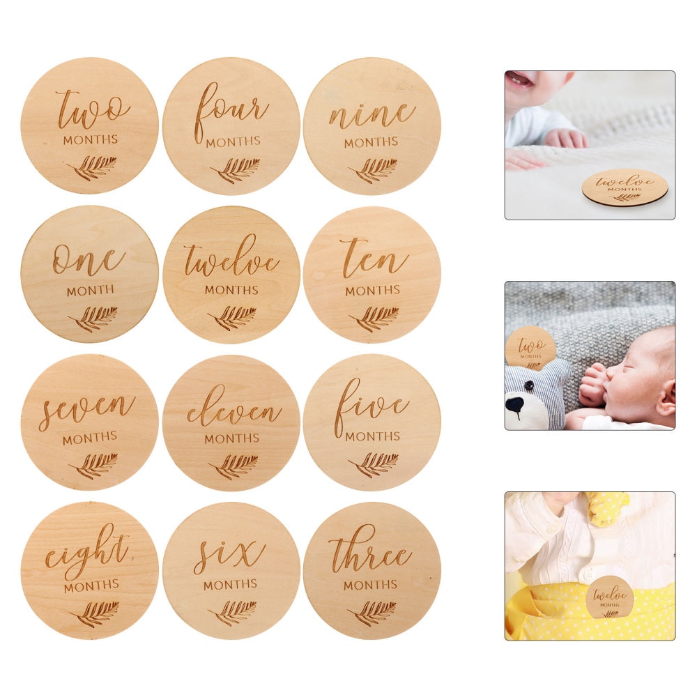 12Pcs Wooden Baby Milestone Double Sided Discs Baby Monthly Milestone Ornament