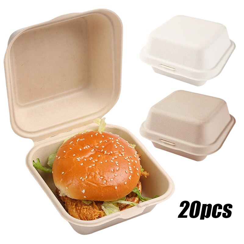 20Pcs Afbreekbaar Hamburger Doos Wegwerp Kommen Pulp Cake Dozen Lunch Lade Takeaway Verpakking