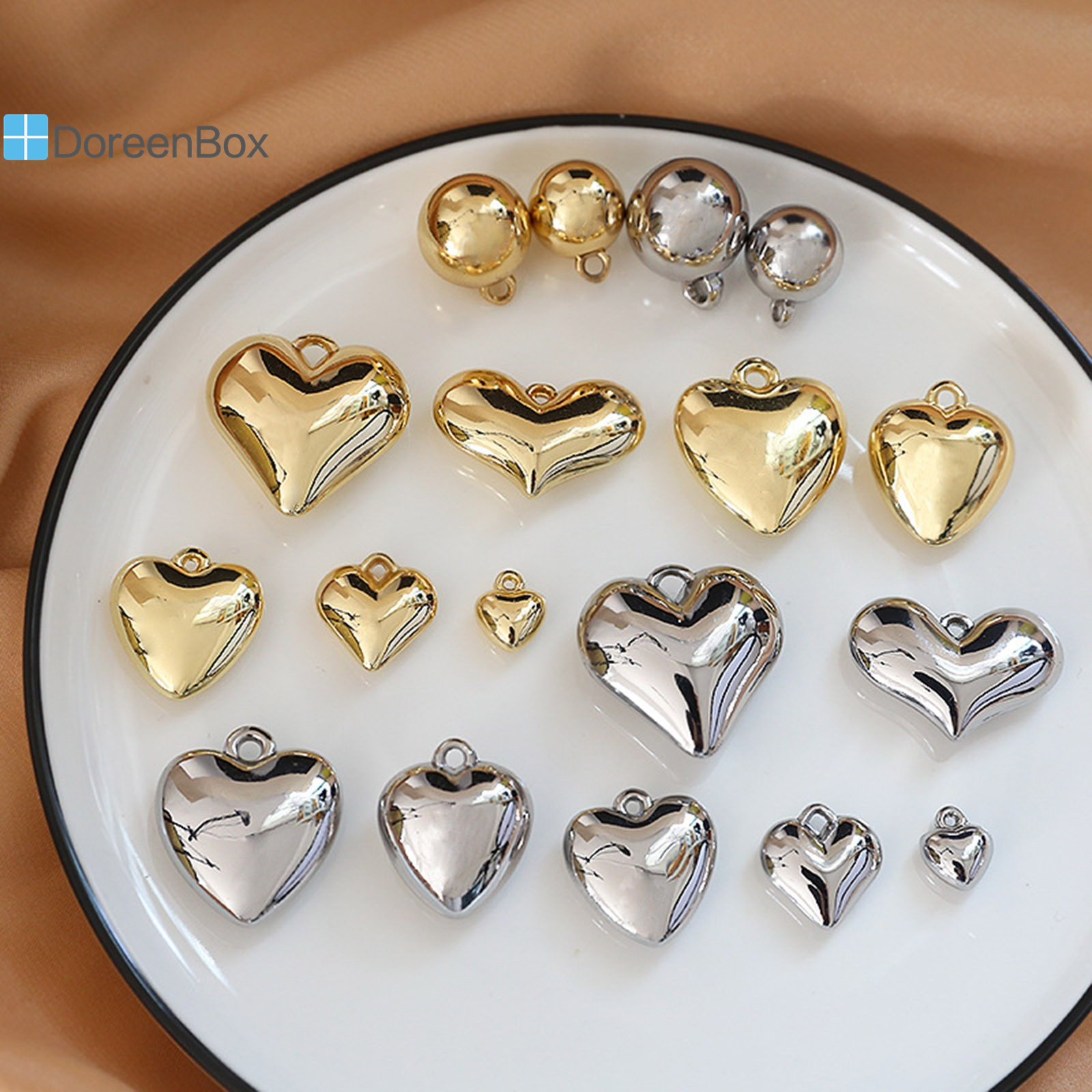 Dijes minimalistas 3D de corazón, colgante de resina de bola de corazón de melocotón chapado brillante para bricolaje, pendientes, collar, fabricación de joyas de , 5 piezas
