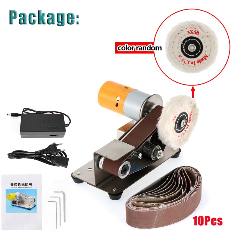 Mini Elektrische Bandschuurmachine Diy Polijsten Slijpmachine Randen Puntenslijper Cutter Multifunctionele Hout Molen 10Pcs Schuurband