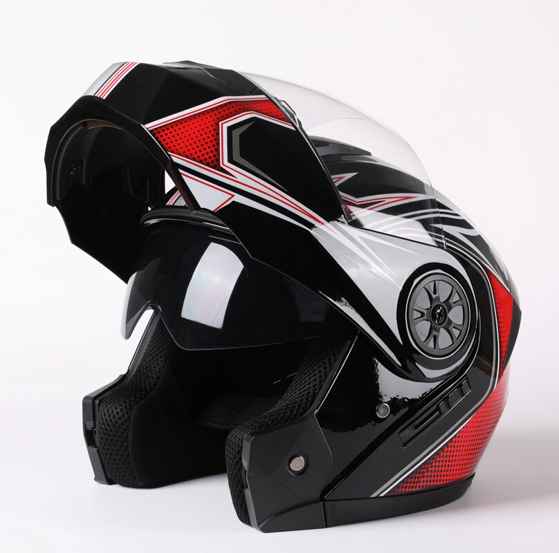 Flip up dobbel linse motorsykkelhjelm modulær motocross helhjelmer casco moto capacete casque: Rød svart / L
