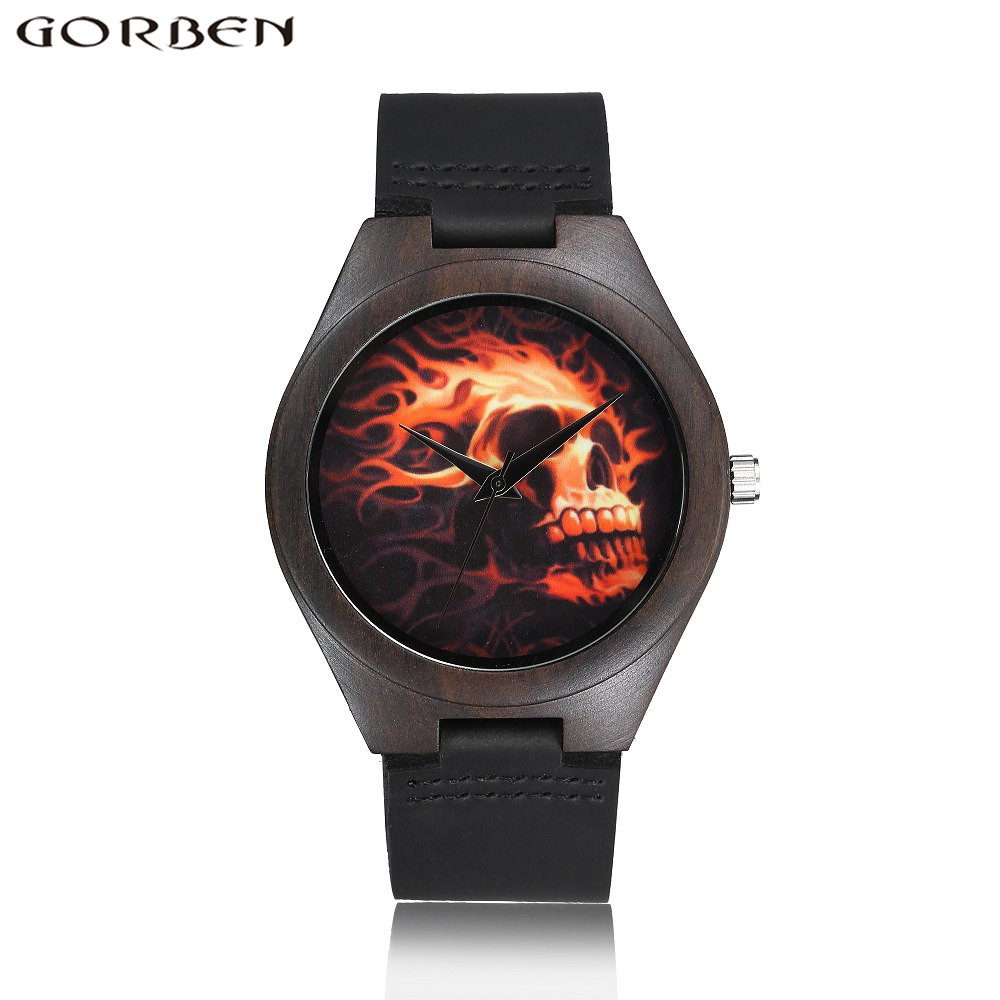 Relojes analógicos de madera para hombre y mujer, Reloj de pulsera de cuarzo con único de calavera, correa de cuero cómoda: W020