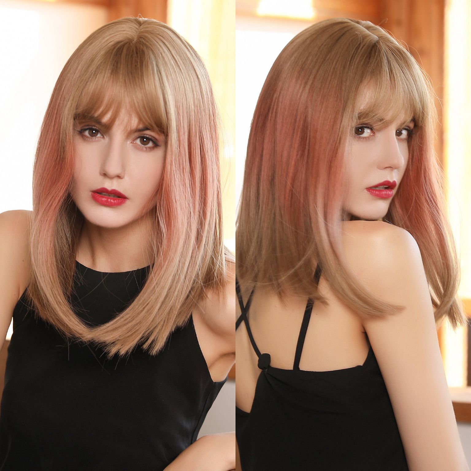 element krótki prosto pion peruki z grzywką Ombre czarny do herbata mleczna kolor peruki syntetyczne dla białych/czarnych kobiet: lc199