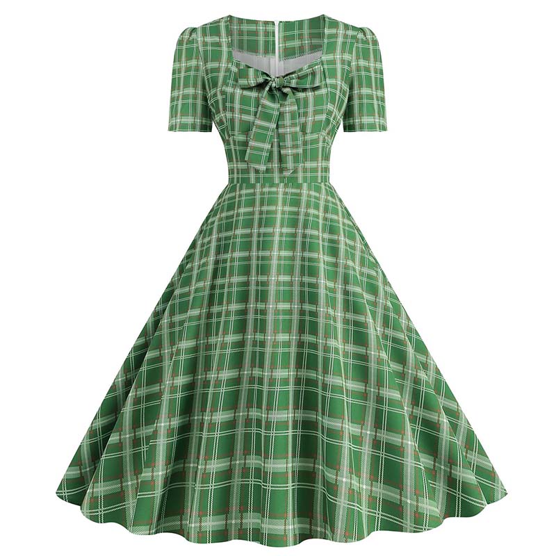 Grønne rutete swing festkjoler kvinner vintage firkantet krage korte ermer casual sommerkjole: Xl / Oransje