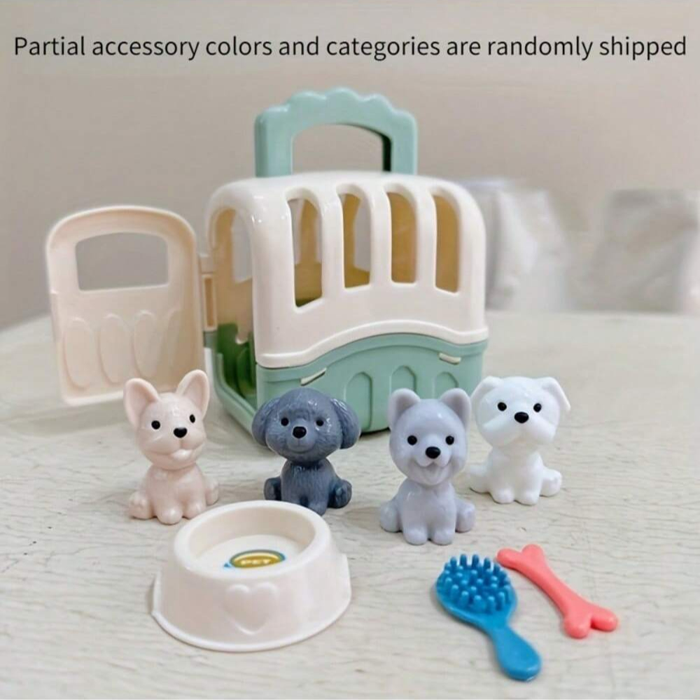 Cute Dog/Bear Pet Basket Family Toys, Dog Cage and Scene Playing Toys, Doll Play House Set - Imaginative Pretend Play Experience: Silver