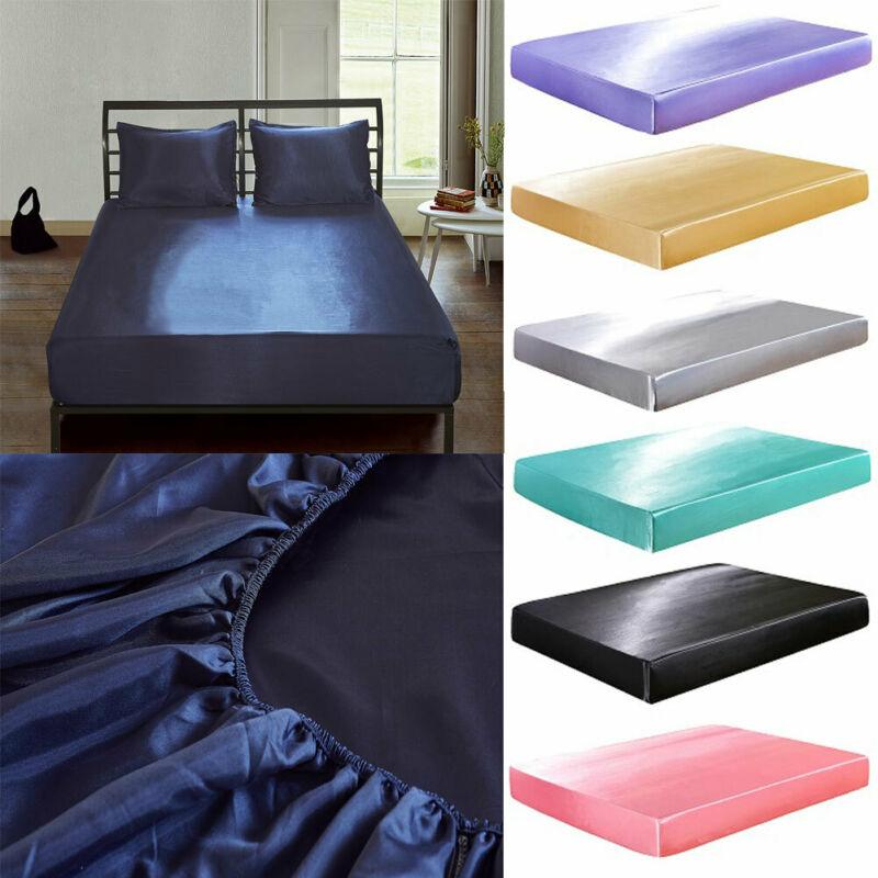 Satin silke seng monteret ark elastiske lagner polyester og bomuld enkelt tvilling fuld dronning konge