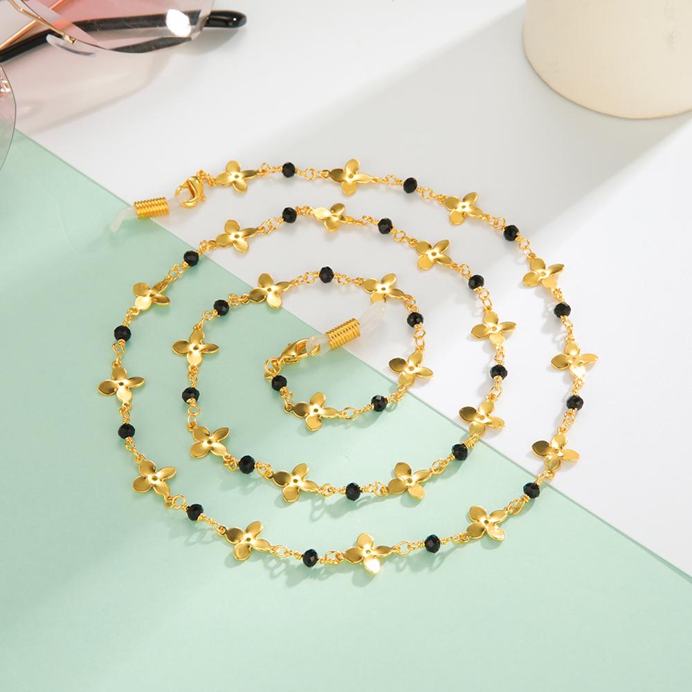 Teamer acrylique cristal noir perles lunettes chaîne femmes lunettes collier fleur métal lunettes de soleil cordon lanière sangles: Gold Plated