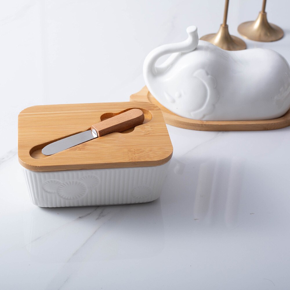 Nordic Stijl Boter Doos Afdichting Met Houten Deksel Mes Fooddish Keramische Keeper Tool Kaas Opbergvak Plaat Container Voor Keuken