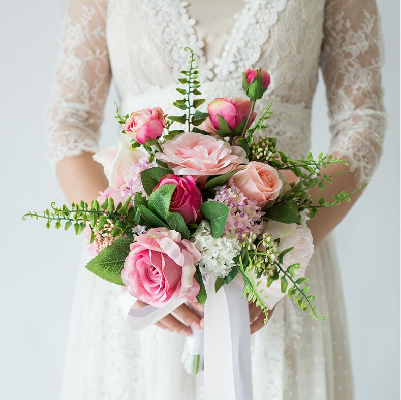 JaneVini Romantische Roze Bruidsboeket Bruids Bloemen Kunstzijde Rozen Land Stijl Bruiden Nep Boeket Ramo De Novia: Default Title